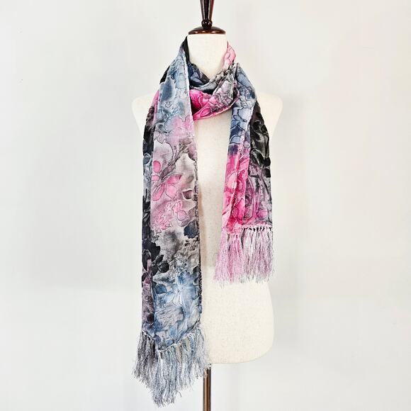 Other Accessories - Y2k Velvet Burnout Scarf Pink Black Festival Wear Boho Fringe